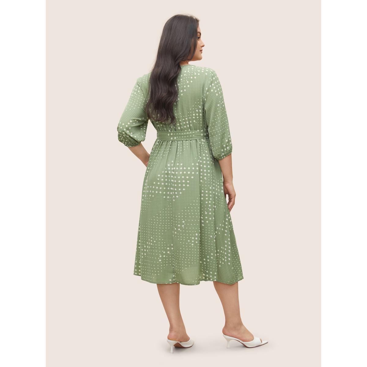 Plus Size Polka Dot Overlap Collar Belted Lantern Sleeve Dress Mint Women Elegant Non Overlap Collar Elbow-length sleeve Curvy Midi Dress BloomChic 22-24/3X Product Image