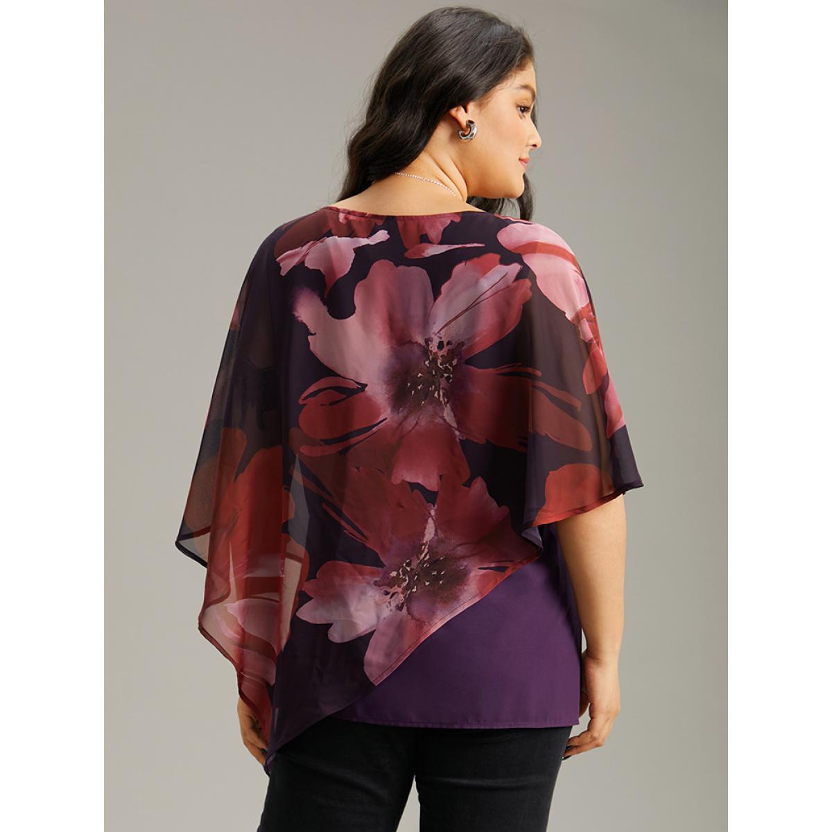 Plus Size Purple Floral Mesh Asymmetrical Dolman Sleeve Blouse Women Glamour Short sleeve Round Neck Going out Blouses BloomChic 12/L Product Image