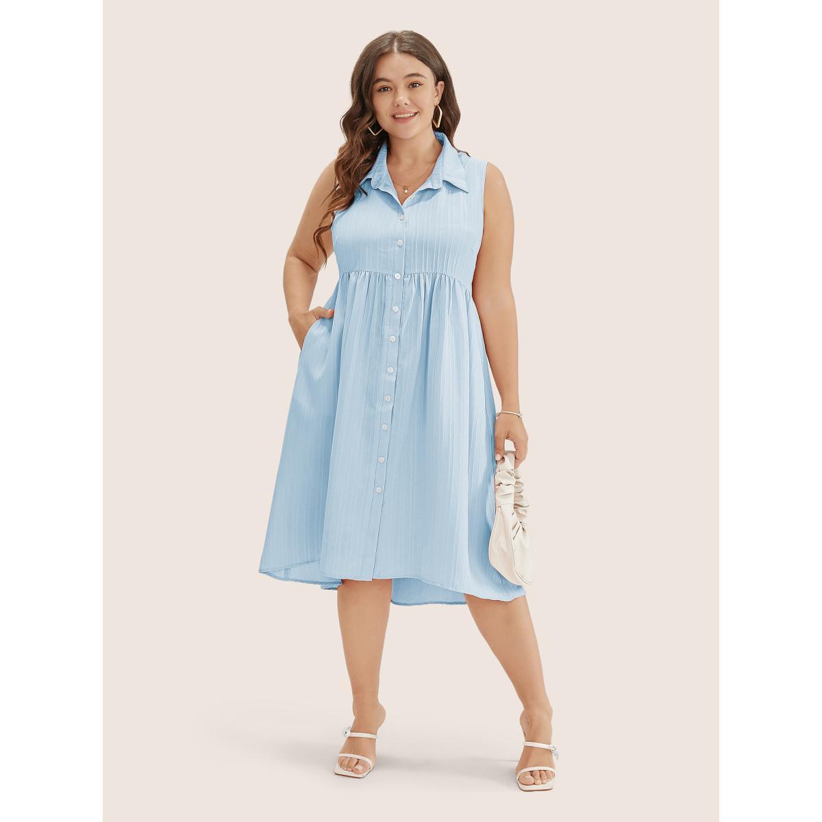 Plus Size Solid Shirt Collar Ruffle Pocket High Low Hem Button Up Dress Crepe Women At the Office Non Polo Sleeveless Curvy Midi Dress BloomChic 14-16/1X Product Image