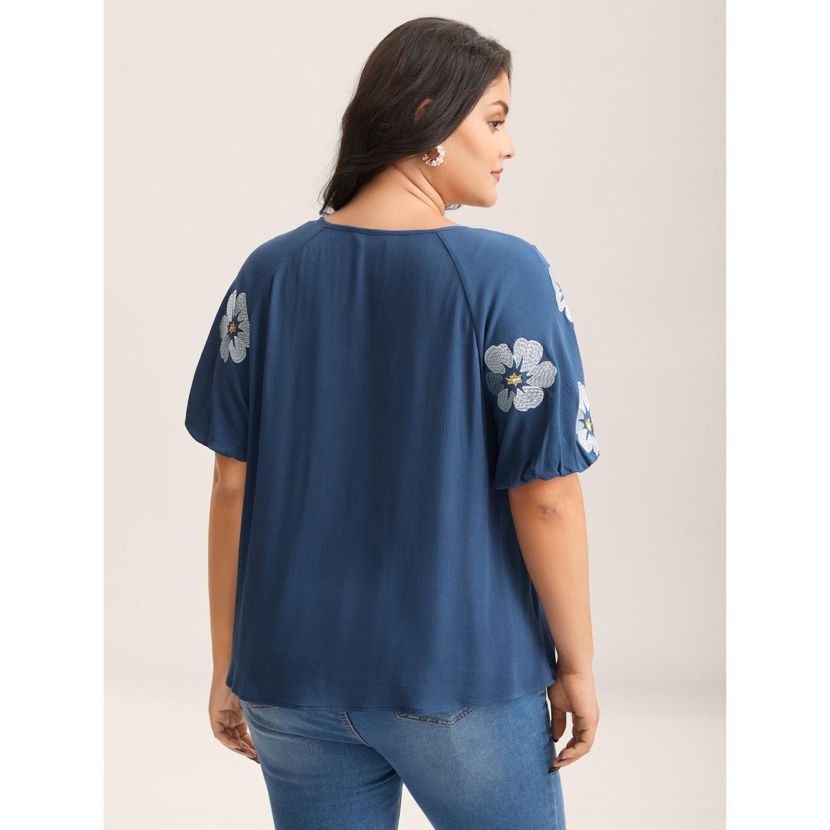 Plus Size DarkBlue Floral Embroidery Textured Neck Tie Blouse Women Half Sleeve Flat collar with V-notch Everyday-Elegant Blouses BloomChic 30/6X Product Image