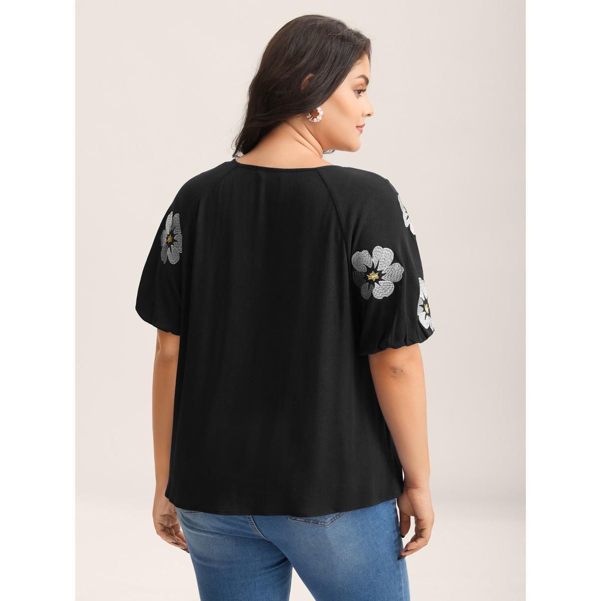 Plus Size Black Floral Embroidery Textured Neck Tie Blouse Women Half Sleeve Flat collar with V-notch Everyday-Elegant Blouses BloomChic 22-24/3X Product Image