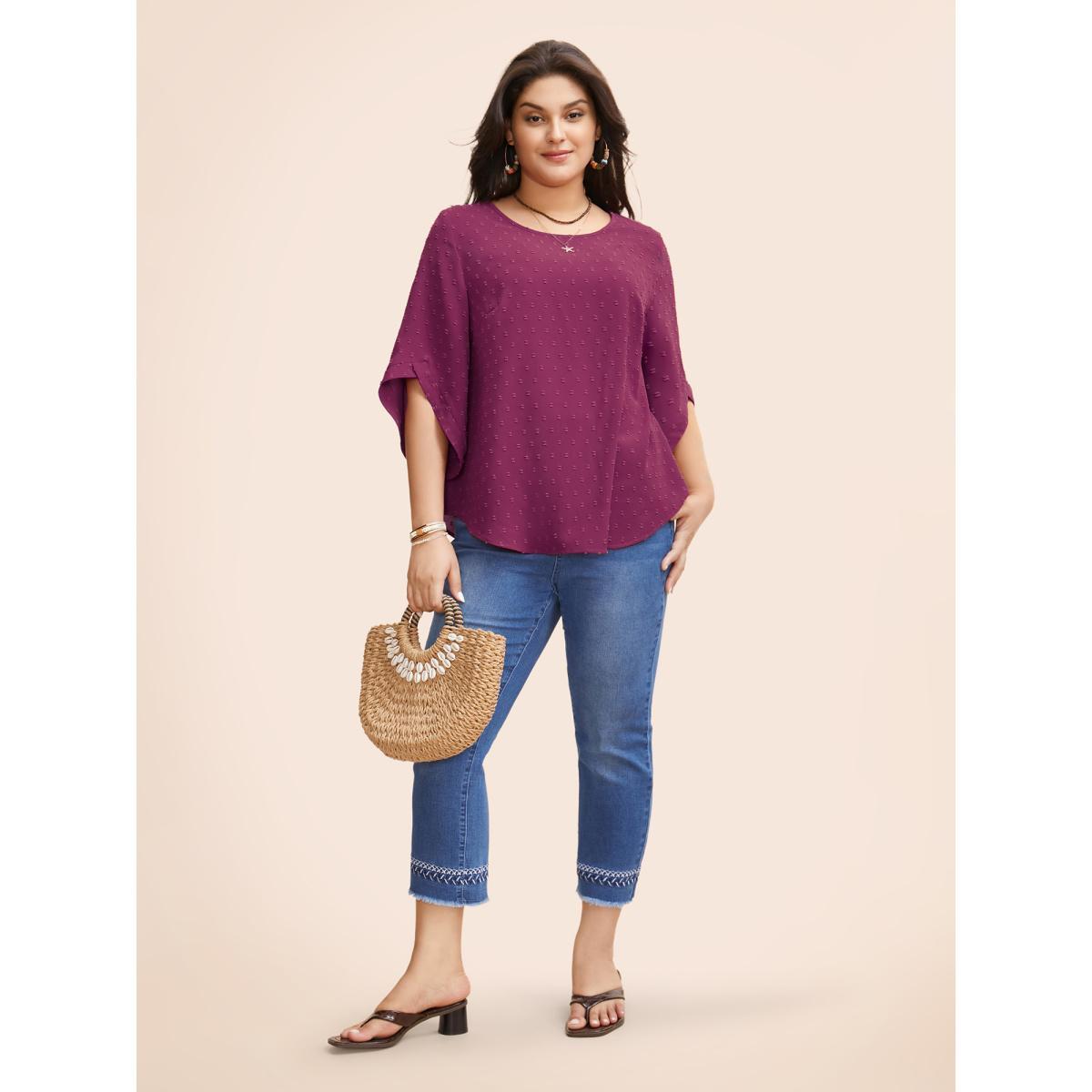 Plus Size RedViolet Textured Round Neck Bell Sleeve Blouse Women Elegant Elbow-length sleeve Round Neck Everyday Blouses BloomChic 26/4X Product Image