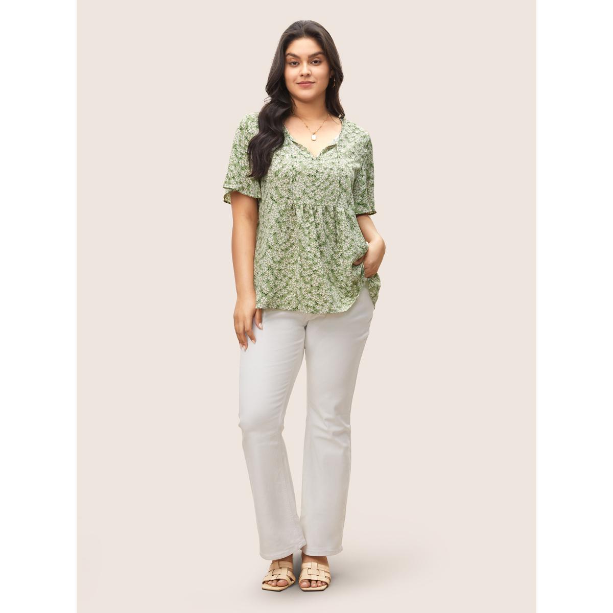 Plus Size Sage Ditsy Floral Ruffle Sleeve Gathered Ties Blouse Women Elegant Short sleeve Ribbon-tied collar Everyday Blouses BloomChic 26/4X Product Image