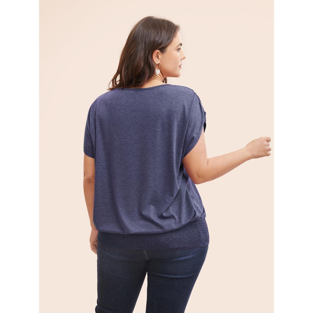 Plus Size Solid Ruched Batwing Sleeve Shirred Hem T-shirt Indigo Women Elegant Ruched Plain Boat Neck Everyday T-shirts BloomChic 30/6X Product Image