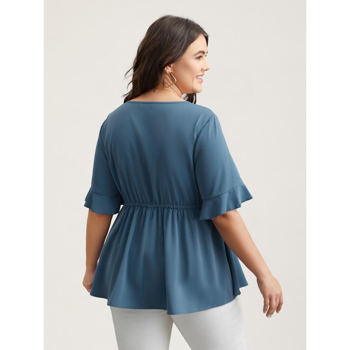 Plus Size Cerulean Ruffled Edge Sleeve Waist-Tie Shirt Women Casual Half Sleeve Round Neck Everyday Blouses BloomChic 14-16/1X Product Image