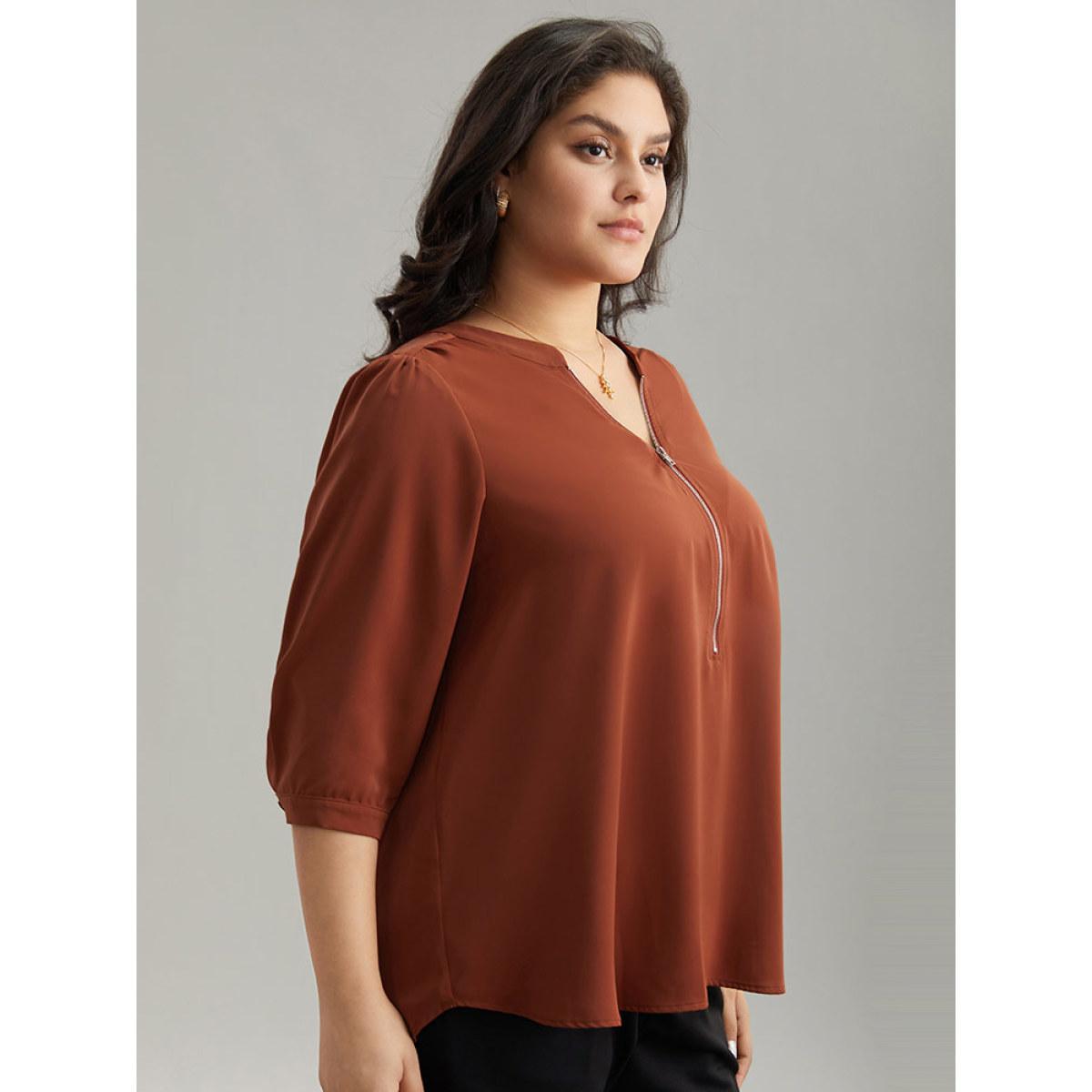 Plus Size Rust Plain Half Zip Gathered Blouse Women Work From Home Elbow-length sleeve V-neck Work Blouses BloomChic 22-24/3X Product Image