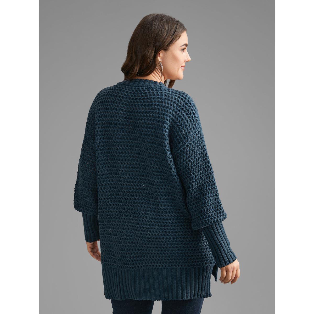 Plus Size Texture Drop Shoulder Split Hem Pullover Cyan Women Casual Loose Long Sleeve Round Neck Everyday Pullovers BloomChic 26/4X Product Image