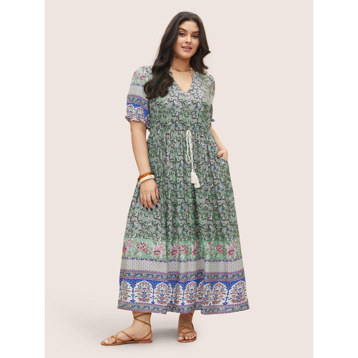 Plus Size Boho Print Notched Ties Tassel Trim Dress Mint Women Resort Non Notched collar Short sleeve Curvy BloomChic 22-24/3X Product Image