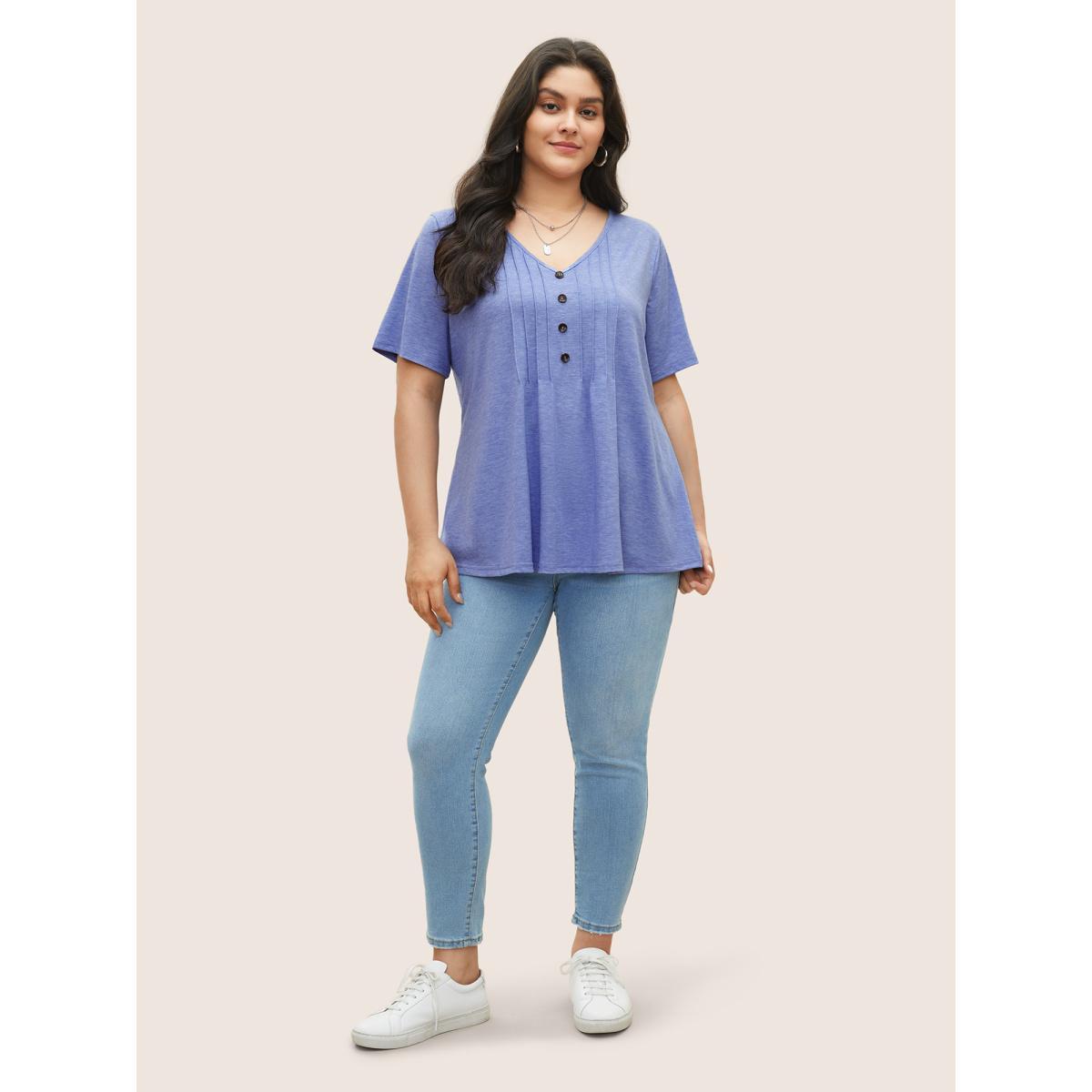 Plus Size Solid Pleated Front Button Detail V Neck T-shirt LightBlue Women Casual Button Plain V-neck Everyday T-shirts BloomChic 18-20/2X Product Image