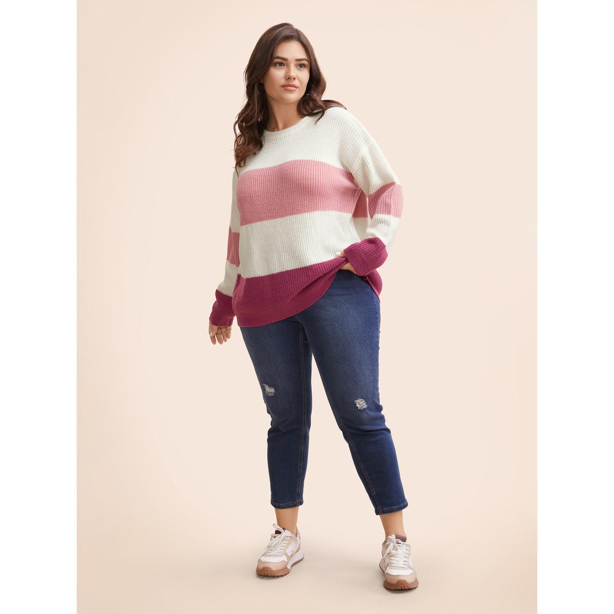 Plus Size Round Neck Colorblock Contrast Pullover RedViolet Women Casual Long Sleeve Round Neck Everyday Pullovers BloomChic 30/6X Product Image