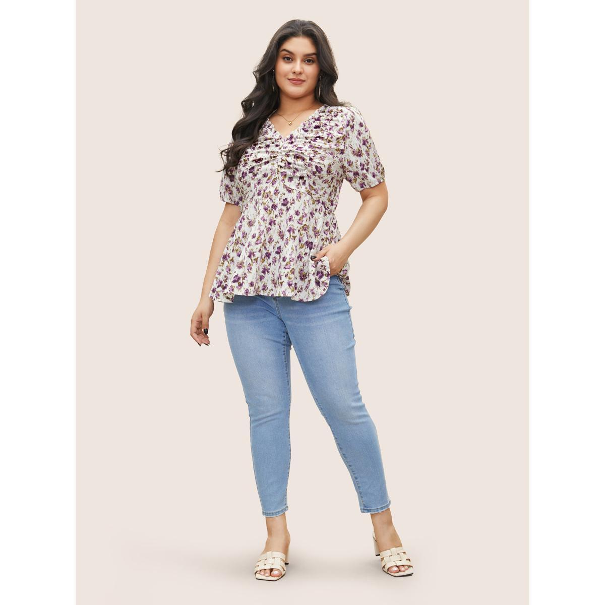 Plus Size Mauve Pixel Flower Ruched Ruffle Trim Blouse Women Elegant Short sleeve V-neck Everyday Blouses BloomChic 28/5X Product Image