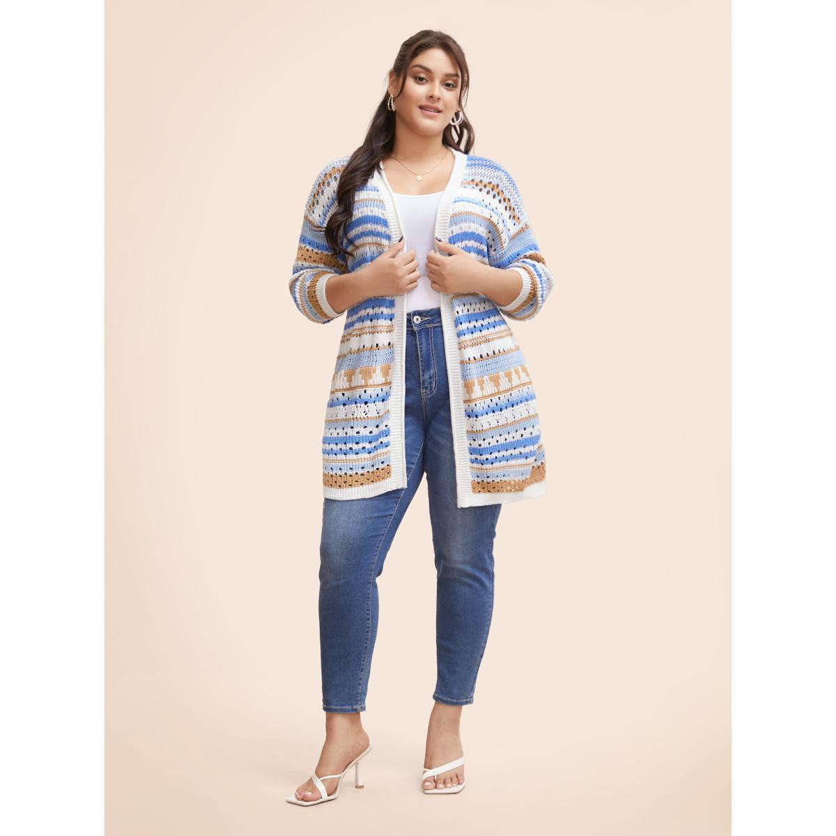 Plus Size Cotton Contrast Striped Cut Out Cardigan LightBlue Women Casual Loose Long Sleeve Everyday Cardigans BloomChic 14-16/1X Product Image
