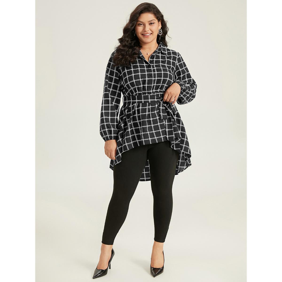 Plus Size Black Plaid Button Up Belted High Low Hem Blouse Women Office Long Sleeve Shirt collar Work Blouses BloomChic 18-20/2X Product Image