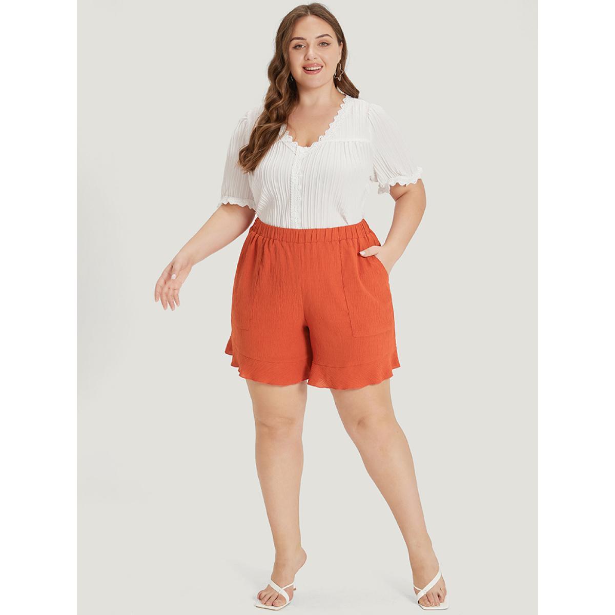 Plus Size Plain Ruffle Hem Pocket Elastic Waist Shorts Women Chocolate Elegant Ruffles Dailywear Shorts BloomChic 10/M Product Image