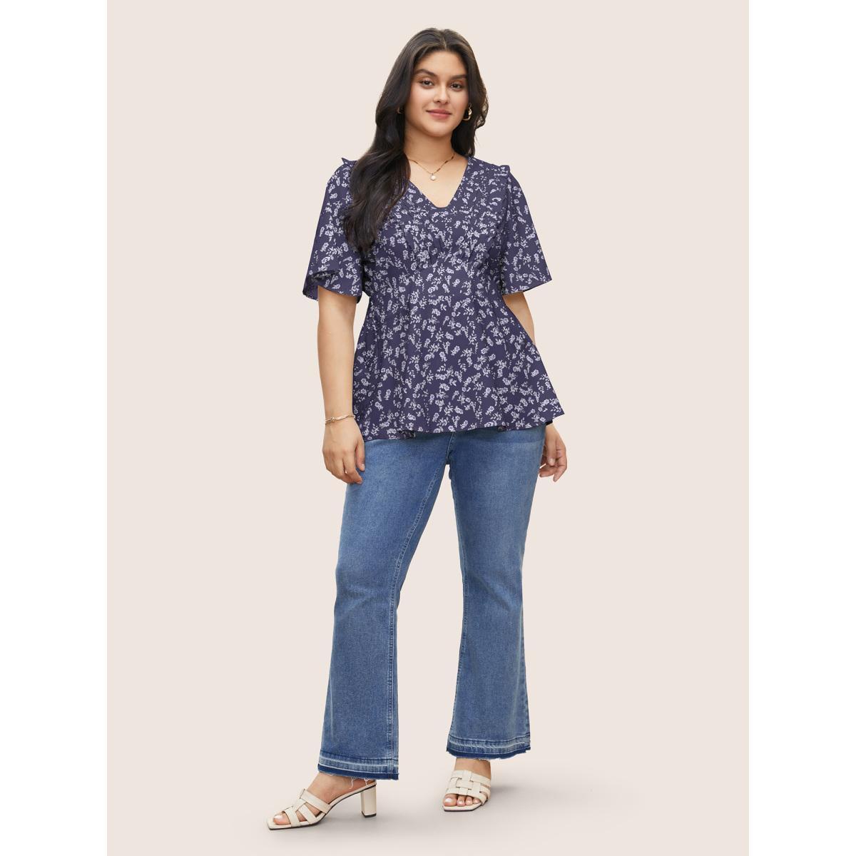 Plus Size Deeppurple Floral Pleated Elastic Waist Ruffle Sleeve Blouse Women Elegant Half Sleeve V-neck Everyday Blouses BloomChic 14-16/1X Product Image
