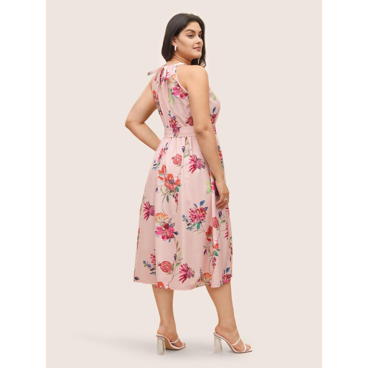Plus Size Citrus Fruit Print Halter Belted Gathered Dress MistyRose Women Elegant Non Halter neck Sleeveless Curvy Midi Dress BloomChic 10/M Product Image