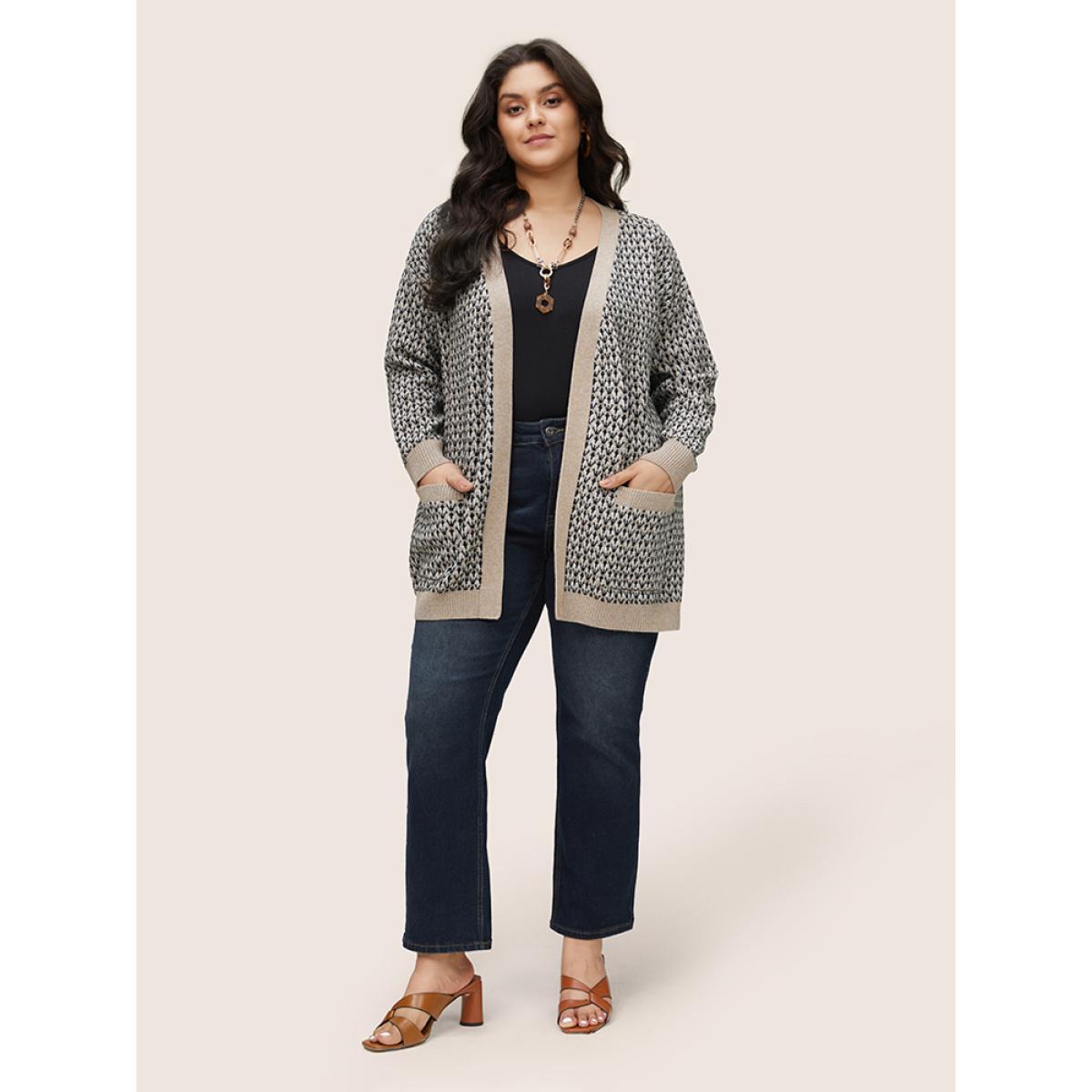 Plus Size Supersoft Essentials Jacquard Geometric Contrast Pocket Cardigan LightBrown Women Casual Loose Long Sleeve Dailywear Cardigans BloomChic 14-16/1X Product Image