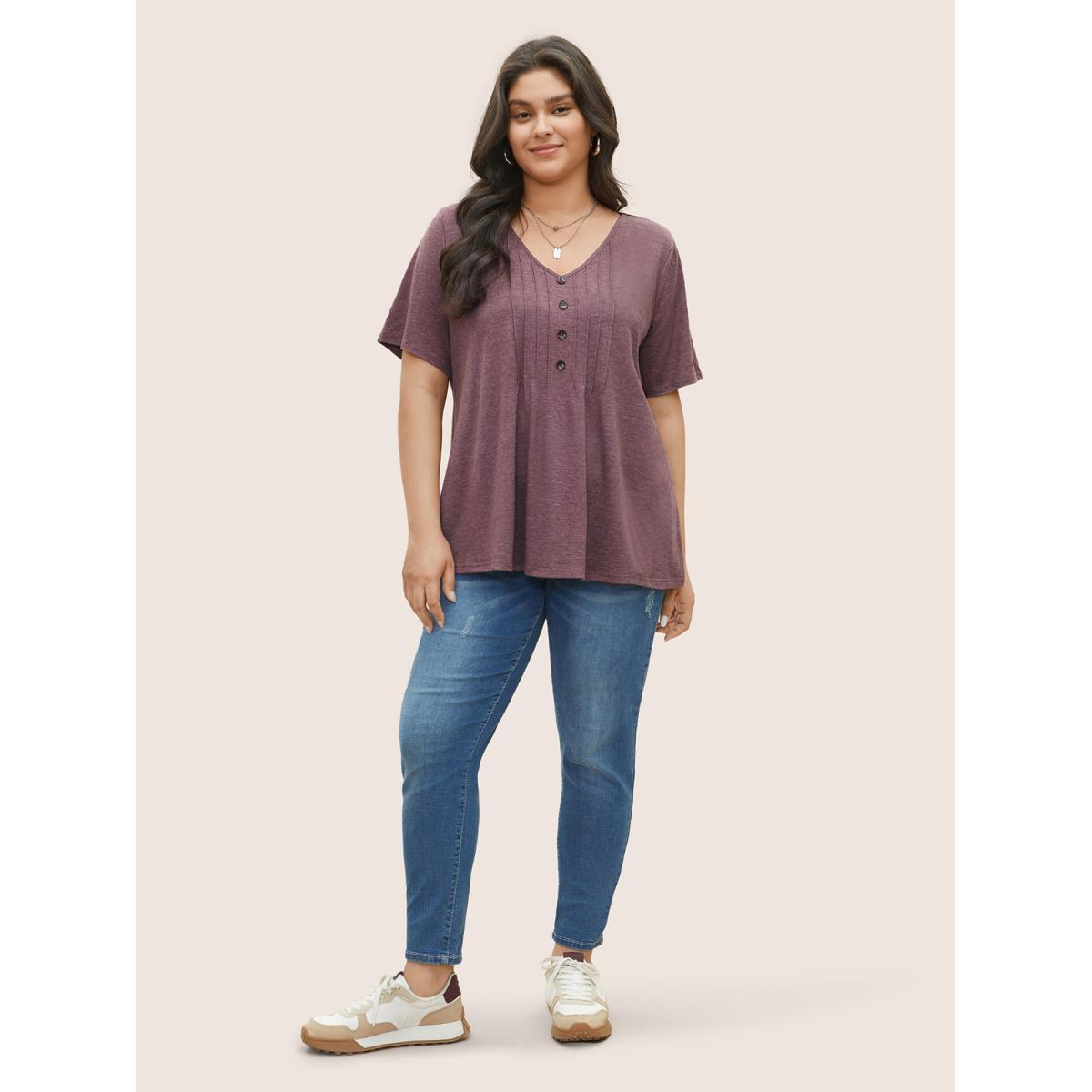 Plus Size Solid Pleated Front Button Detail V Neck T-shirt Mauve Women Casual Button Plain Everyday T-shirts BloomChic 12/L Product Image