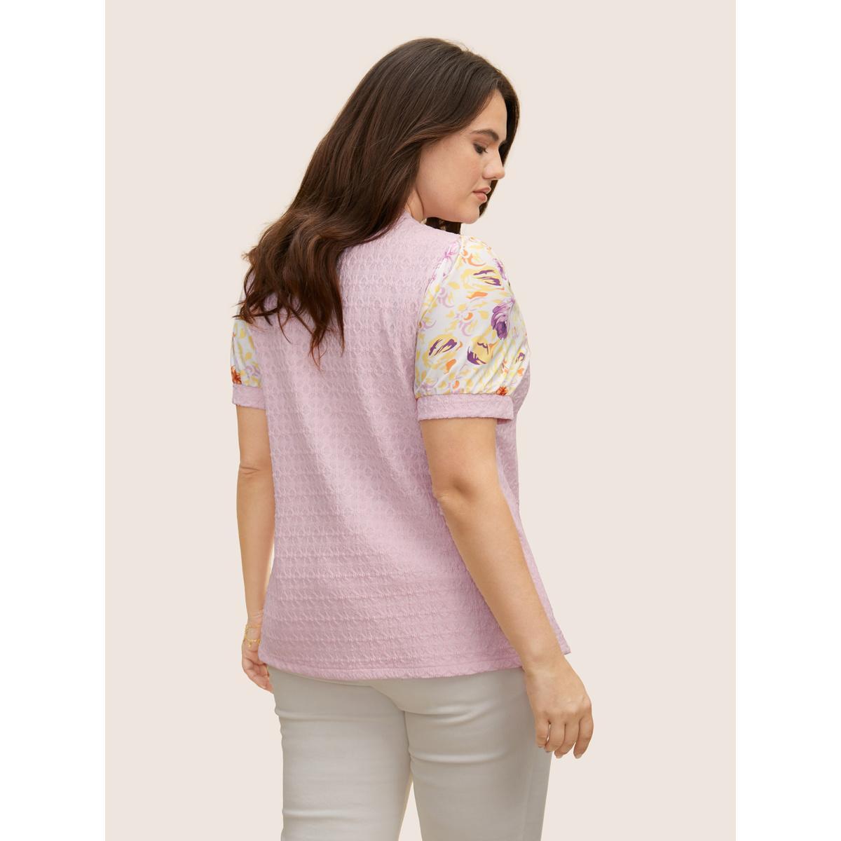 Plus Size Crew Neck Textured Patchwork Floral T-shirt Lightpink Women Elegant Texture Natural Flowers Round Neck Everyday T-shirts BloomChic 10/M Product Image