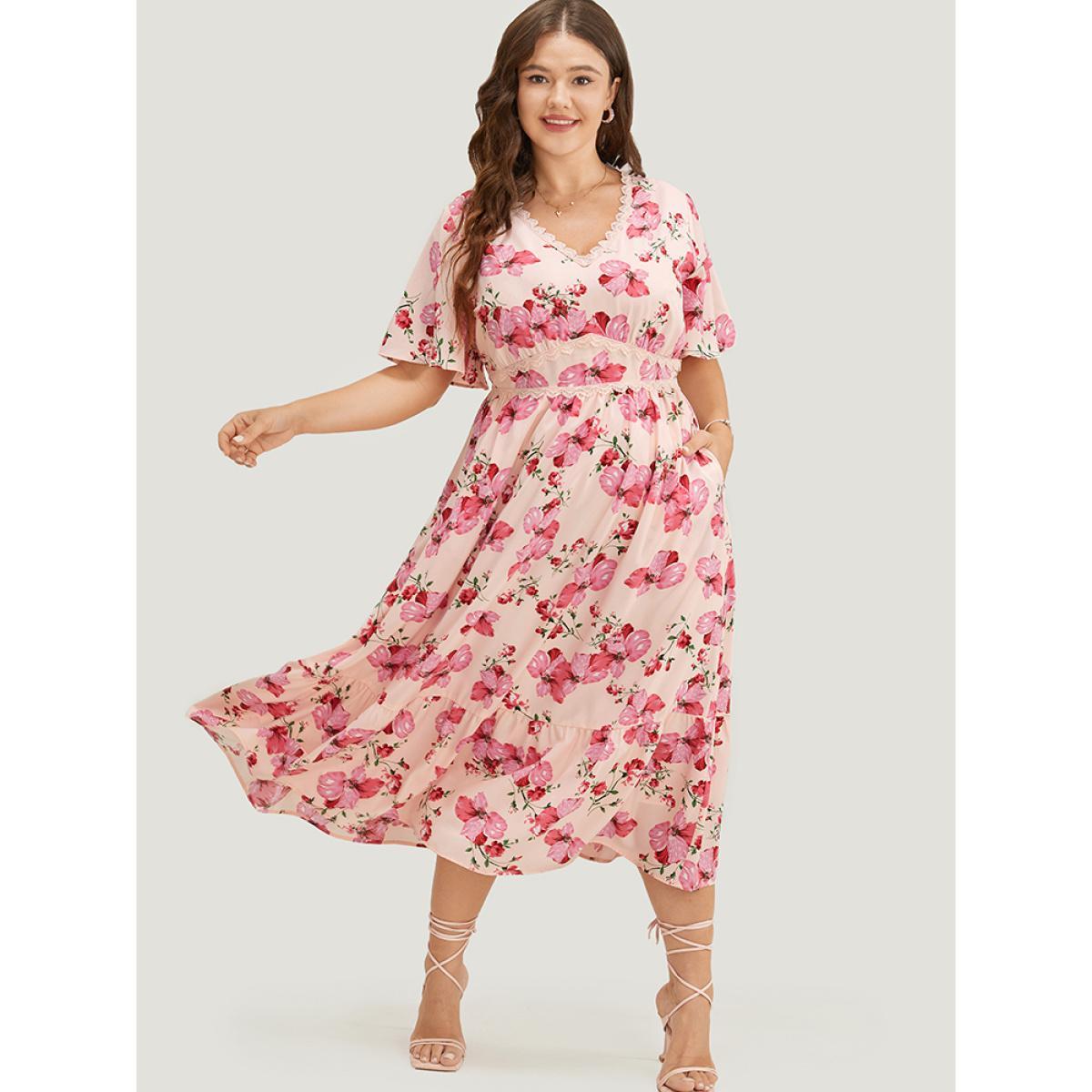 Plus Size Floral Print Lace Pocket Ruffle Hem Empire Waist Dress Pink Women Elegant Pocket V-neck Short sleeve Curvy Midi Dress BloomChic 10/M Product Image