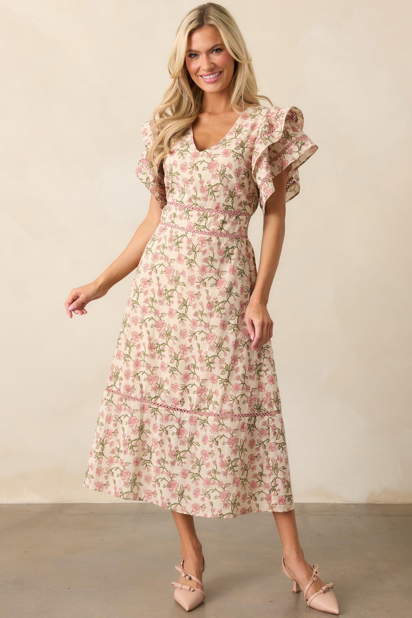 Dandelion Wishes Cotton Rose Pink Flutter Sleeve Midi Dress Product Image