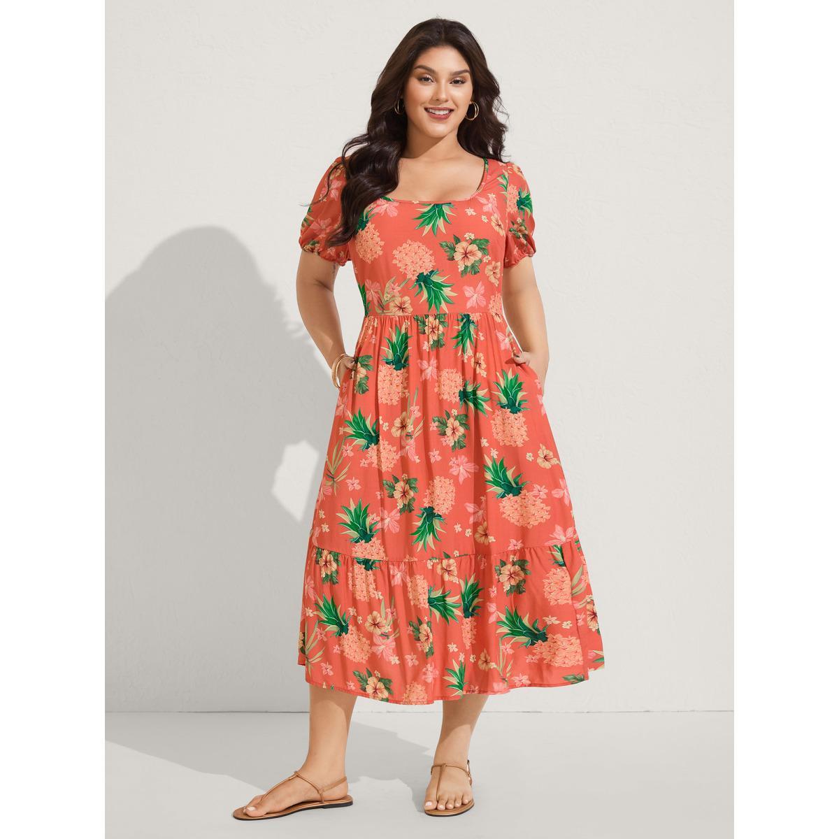 Plus Size Fruity Floral Print Square Neck Midi Dress Salmon Women Square Neck Short sleeve Curvy BloomChic 14-16/1X Product Image