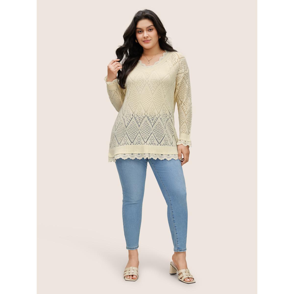 Plus Size Geometric Hollow Out Mesh Lace Panel Pullover Apricot Women Elegant Long Sleeve V-neck Everyday Pullovers BloomChic 28/5X Product Image