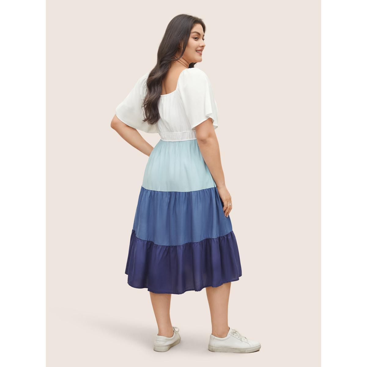 Plus Size Supersoft Essentials Colorblock Contrast Gathered Dress Multicolor Women Casual Contrast Square Neck Short sleeve Curvy Midi Dress BloomChic 30/6X Product Image