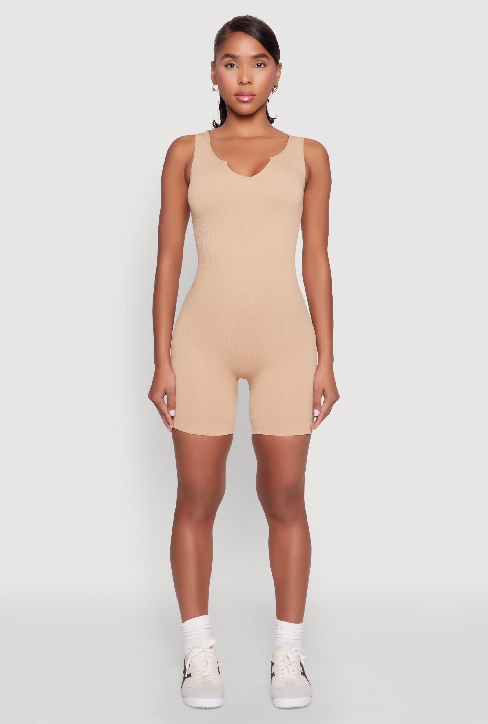 Womens Ribbed Knit Notch Neck Romper Product Image