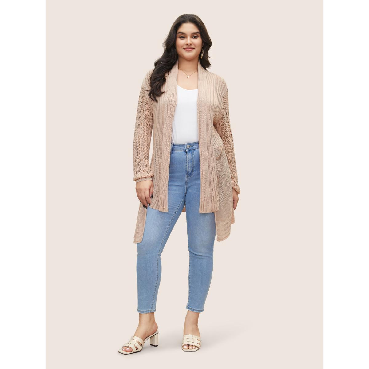 Plus Size Rayon Asymmetrical Hem Cut Out Cardigan Apricot Women Casual Long Sleeve Everyday Cardigans BloomChic 28/5X Product Image