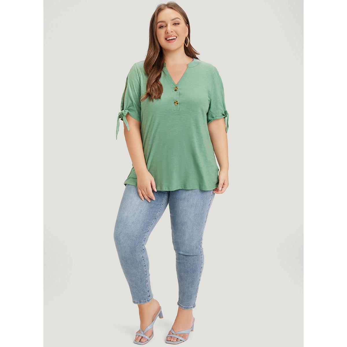 Plus Size Solid Button Up Notched Knot Sleeve Cut Out T-shirt Mint Women Casual Heather Plain Notched collar Dailywear T-shirts BloomChic 14-16/1X Product Image