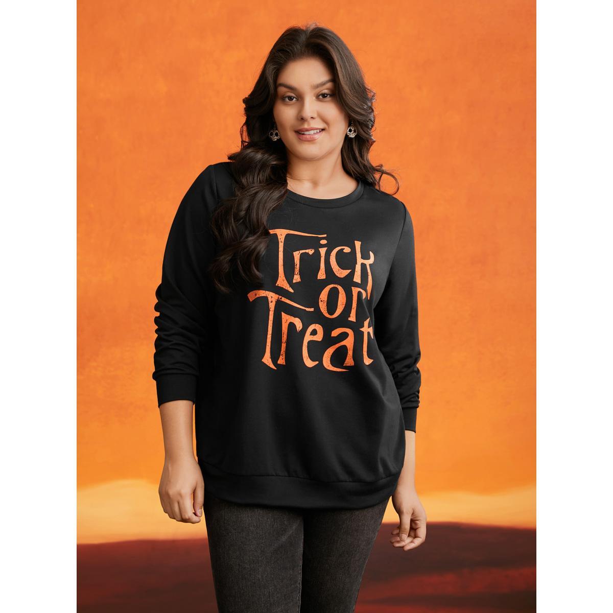 Plus Size Trick Or Treat Slogan Printed Sweatshirt Women Black Casual Non Round Neck Everyday Sweatshirts BloomChic 28/5X Product Image
