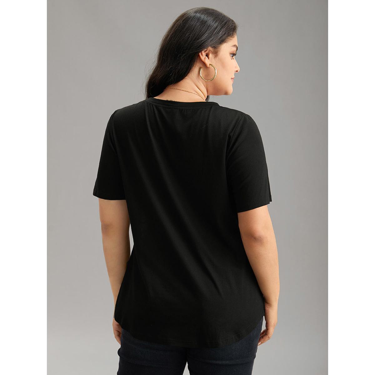 Plus Size Floral Striped Patchwork Patched Pocket T-shirt Black Women Casual Printed Striped Round Neck Dailywear T-shirts BloomChic 10/M Product Image