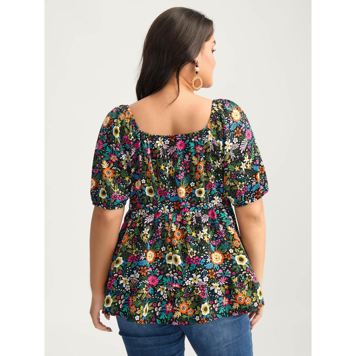 Plus Size Indigo Floral Square Neck Fit and Flare Blouse Women Short sleeve Square Neck Vacation Blouses BloomChic 30/6X Product Image