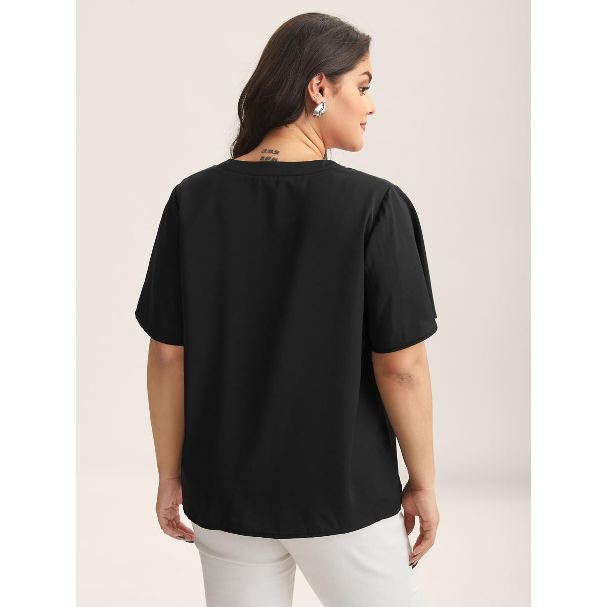 Plus Size Black Lace Trim Notched Collar Solid Blouse Women Short sleeve Notched collar Work Blouses BloomChic 10/M Product Image