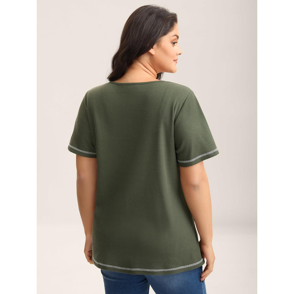 Plus Size Waffle High Low Hem Zipper T-Shirt ArmyGreen Women Topstitching Round Neck Everyday-Casual T-shirts BloomChic 26/4X Product Image
