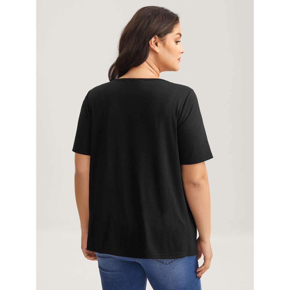 Plus Size Neck Cut-Out Round Neck T-Shirt Black Women Cut-Out Asymmetrical Neck Everyday-Casual T-shirts BloomChic 10/M Product Image