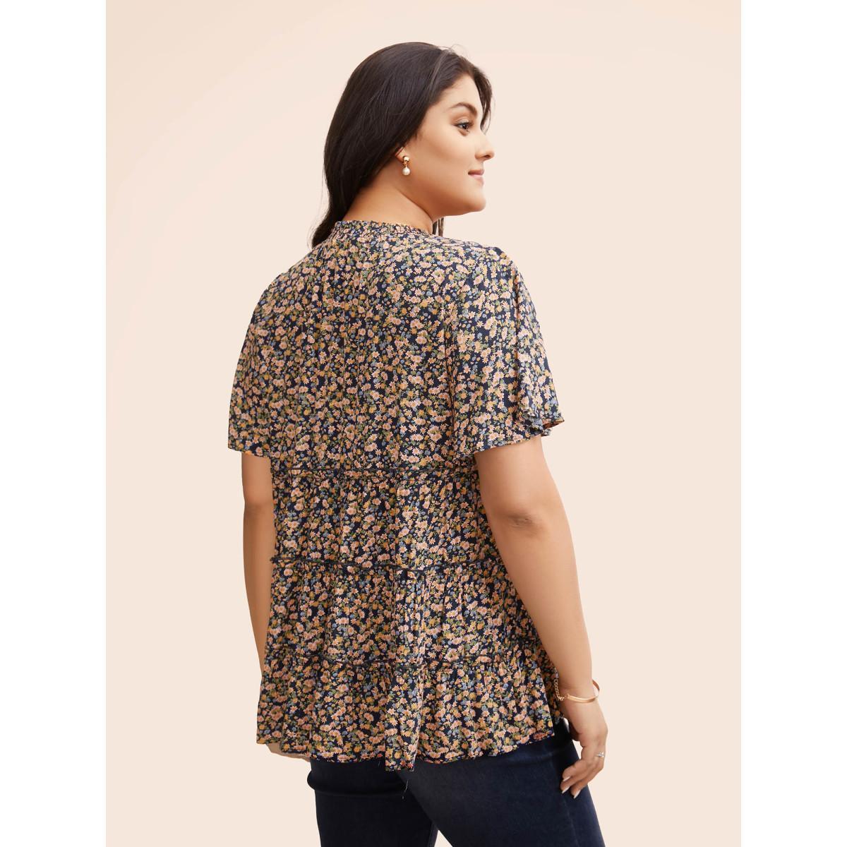Plus Size Indigo Ditsy Floral Frill Trim Shirred Mock Neck Blouse Women Elegant Short sleeve Halter neck Dailywear Blouses BloomChic 30/6X Product Image