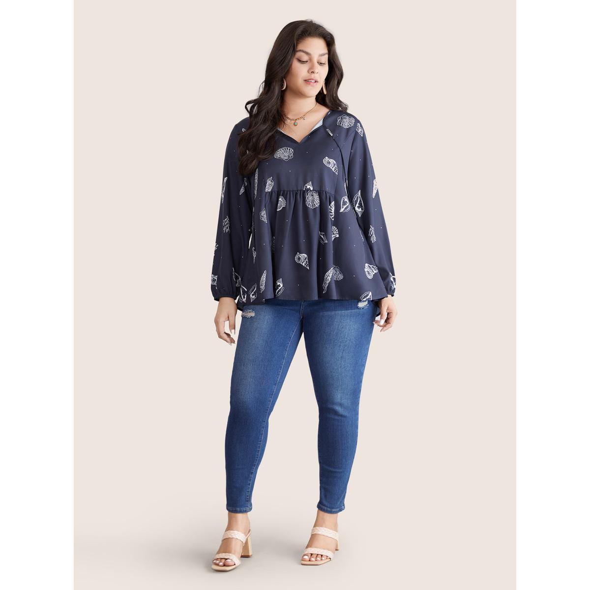 Plus Size Indigo Marine Life Patterns Ties Gathered Blouse Women Vacation Long Sleeve Tie Neck Vacation Blouses BloomChic 22-24/3X Product Image