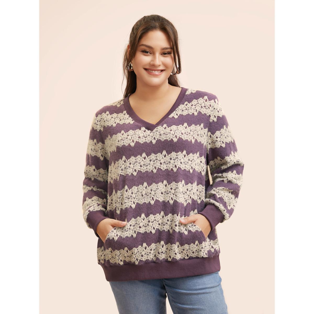 Plus Size Striped Patchwork Contrast Texture Sweatshirt Women Mauve Casual Texture Loose V-neck Everyday Sweatshirts BloomChic 30/6X Product Image