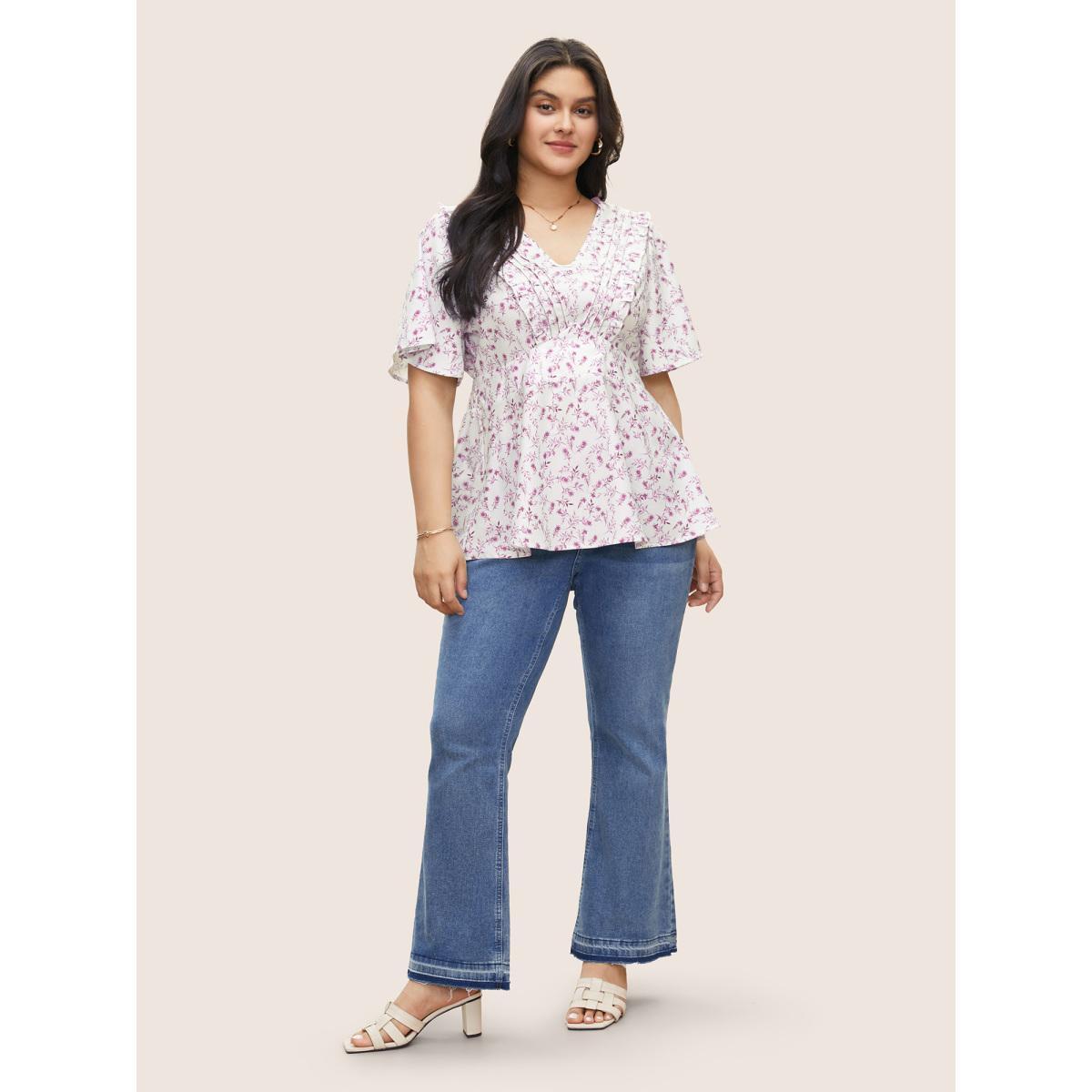 Plus Size MistyRose Floral Pleated Elastic Waist Ruffle Sleeve Blouse Women Elegant Half Sleeve V-neck Everyday Blouses BloomChic 22-24/3X Product Image