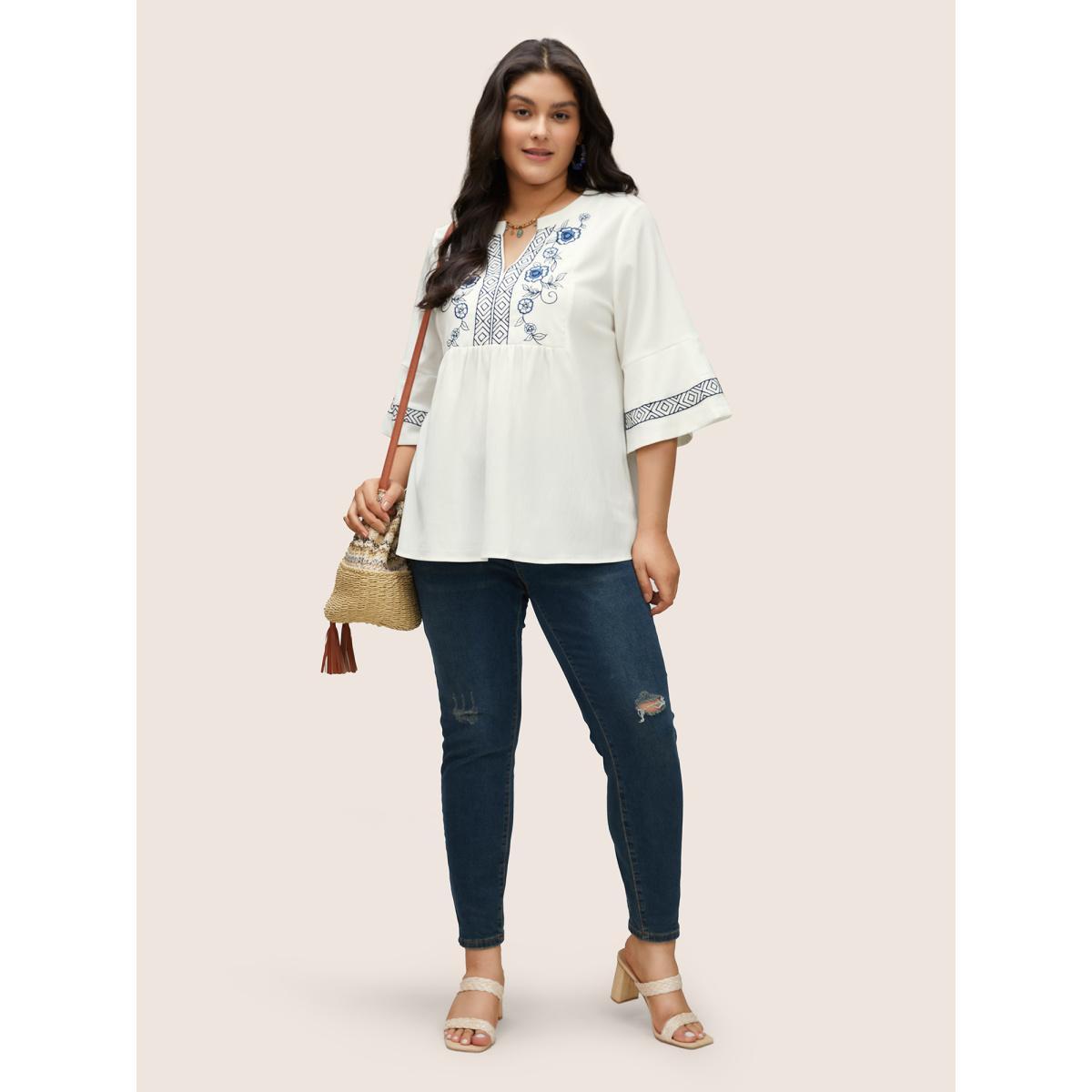 Plus Size Ivory Boho Print Embroidered Gathered Notched Blouse Women Resort Half Sleeve Flat collar with V-notch Vacation Blouses BloomChic 18-20/2X Product Image