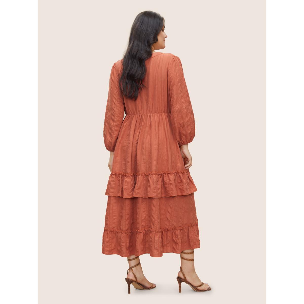 Plus Size Plisse Notched Ruffle Trim Layered Hem Dress Chocolate Women Elegant Non Notched collar Long Sleeve Curvy Midi Dress BloomChic 18-20/2X Product Image