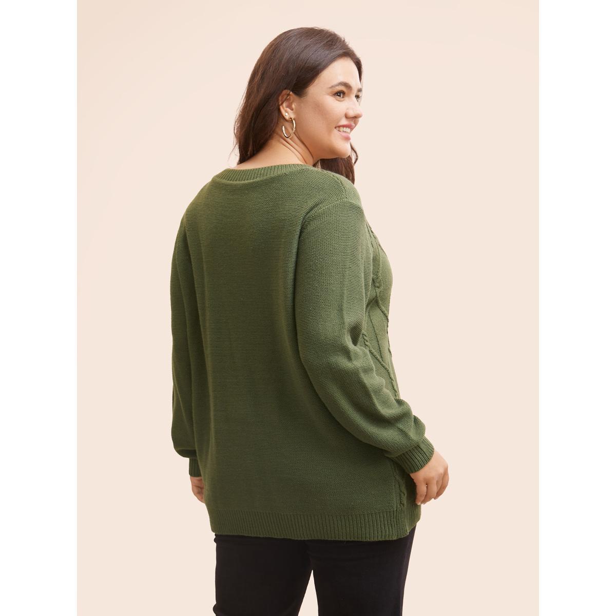 Plus Size Plain Cable Knit Round Neck Pullover Moss Women Casual Long Sleeve Round Neck Everyday Pullovers BloomChic 14-16/1X Product Image