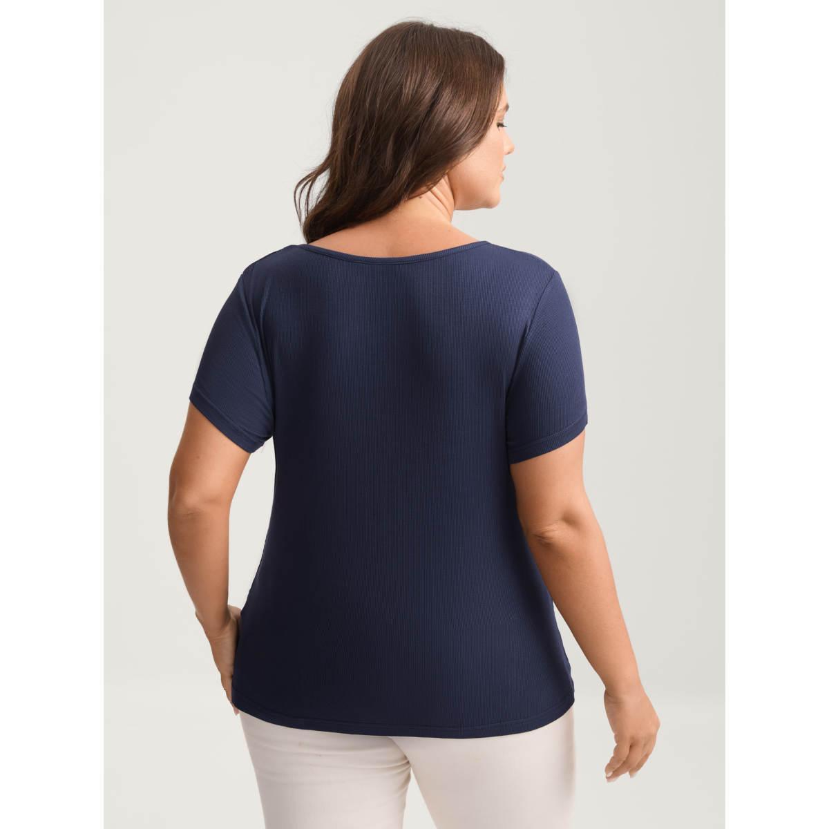 Plus Size Pleated Neckline Slim-Fit Plain T-Shirt Indigo Women Gathered V-neck Bodycon Everyday-Elegant T-shirts BloomChic 12/L Product Image