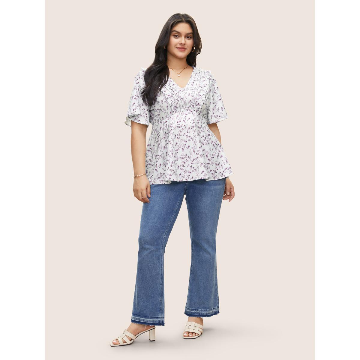 Plus Size Purple Floral Pleated Elastic Waist Ruffle Sleeve Blouse Women Elegant Half Sleeve V-neck Everyday Blouses BloomChic 28/5X Product Image