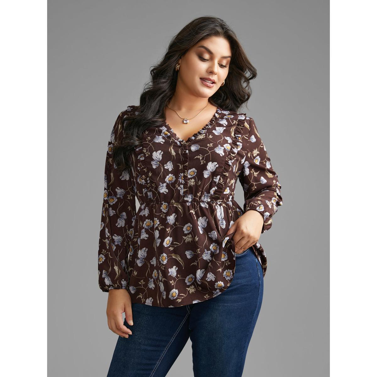 Plus Size DarkBrown Floral Lantern Sleeve Frill Trim Blouse Women Elegant Long Sleeve V-neck Everyday Blouses BloomChic 22-24/3X Product Image