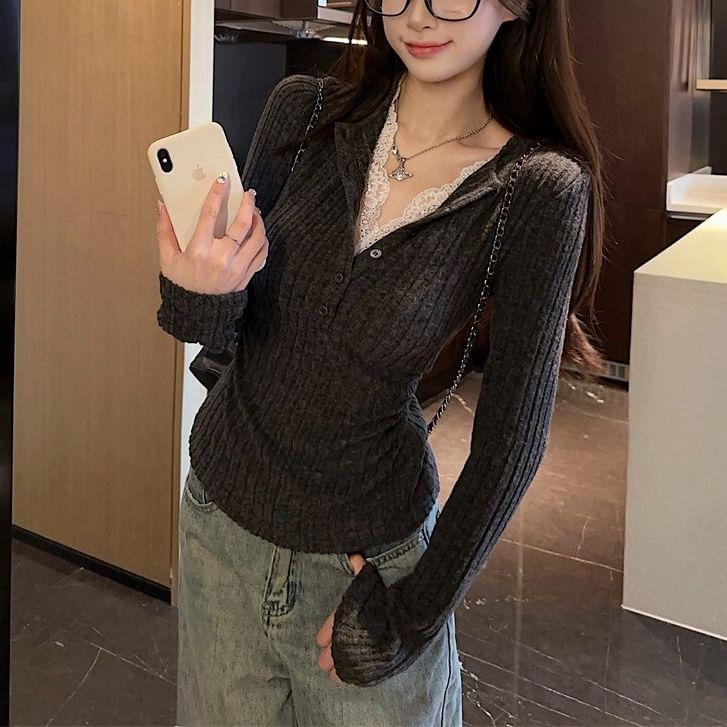 Long Sleeve V-Neck Lace-Trim Ribbed-Knit Slim-Fit Top Product Image