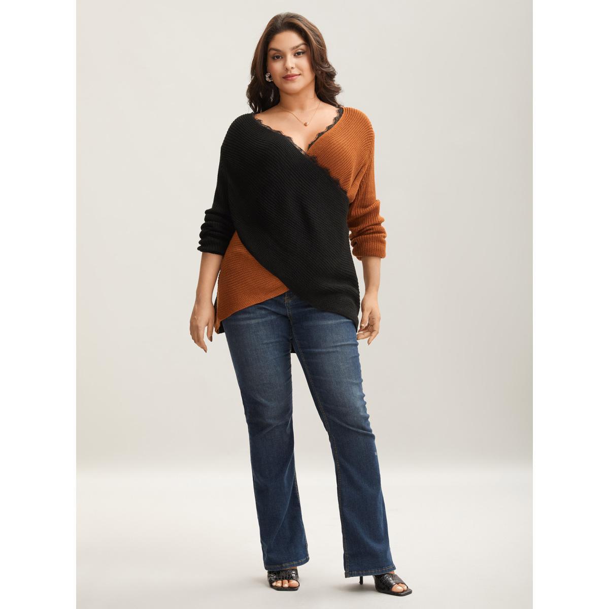 Plus Size Colorblock Contrast Pointelle Knit Lace Crisscross Knit Top Chocolate Women Elegant Loose Long Sleeve Deep V-neck Dailywear Pullovers BloomChic 28/5X Product Image
