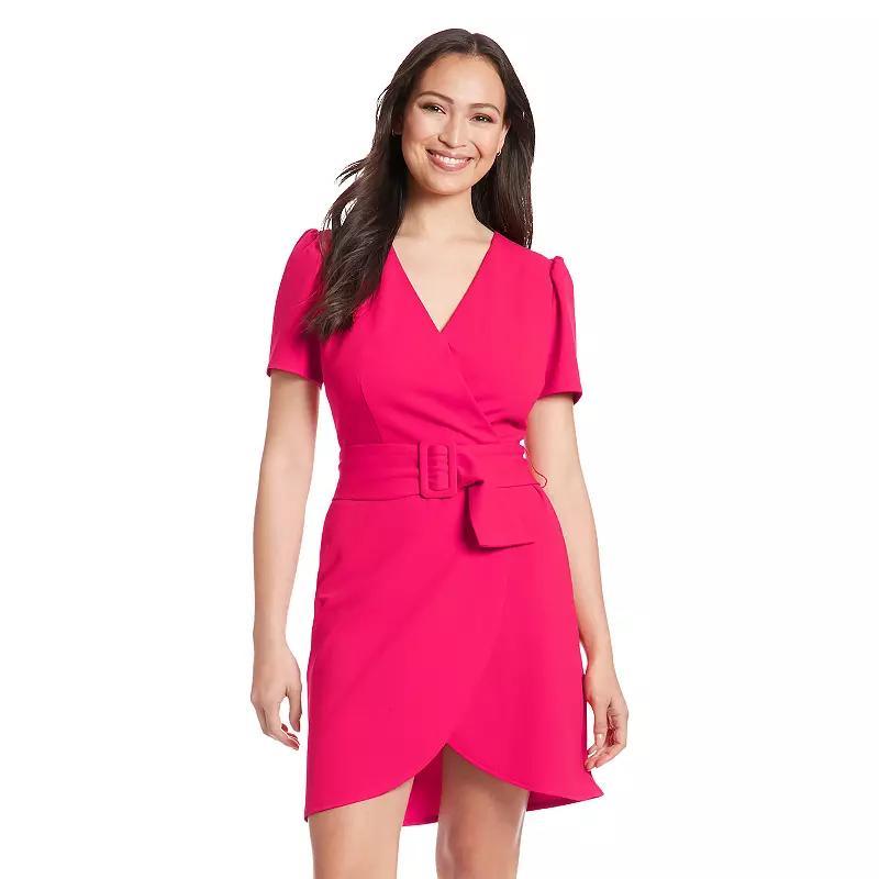 Women's London Times Puff Sleeve Belted Wrap Dress, Size: 6, Bright Pink Product Image